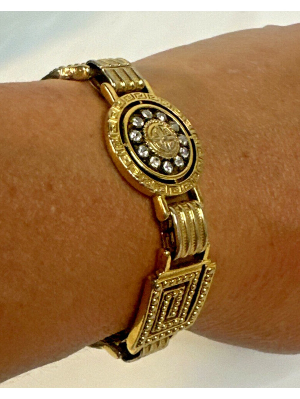 Gold Tone Greek Key Link Chain Bracelet, Fold Over Clasp, Metal, 7.5" Rare